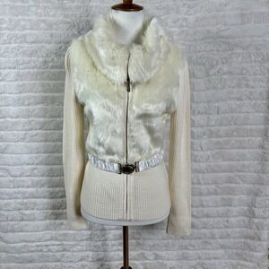 White House Black Market Ivory Belted Faux Fur Wool Sweater Jacket Full Zip Sz S